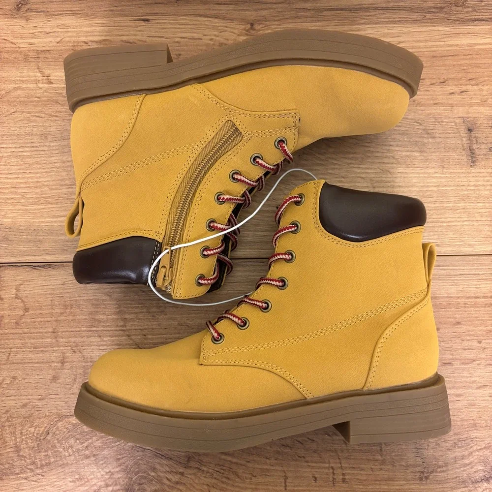 STEVE MADDEN JJumble Combat Boots Tan Kids Size 4 Side Zip Lace Up Low Heel